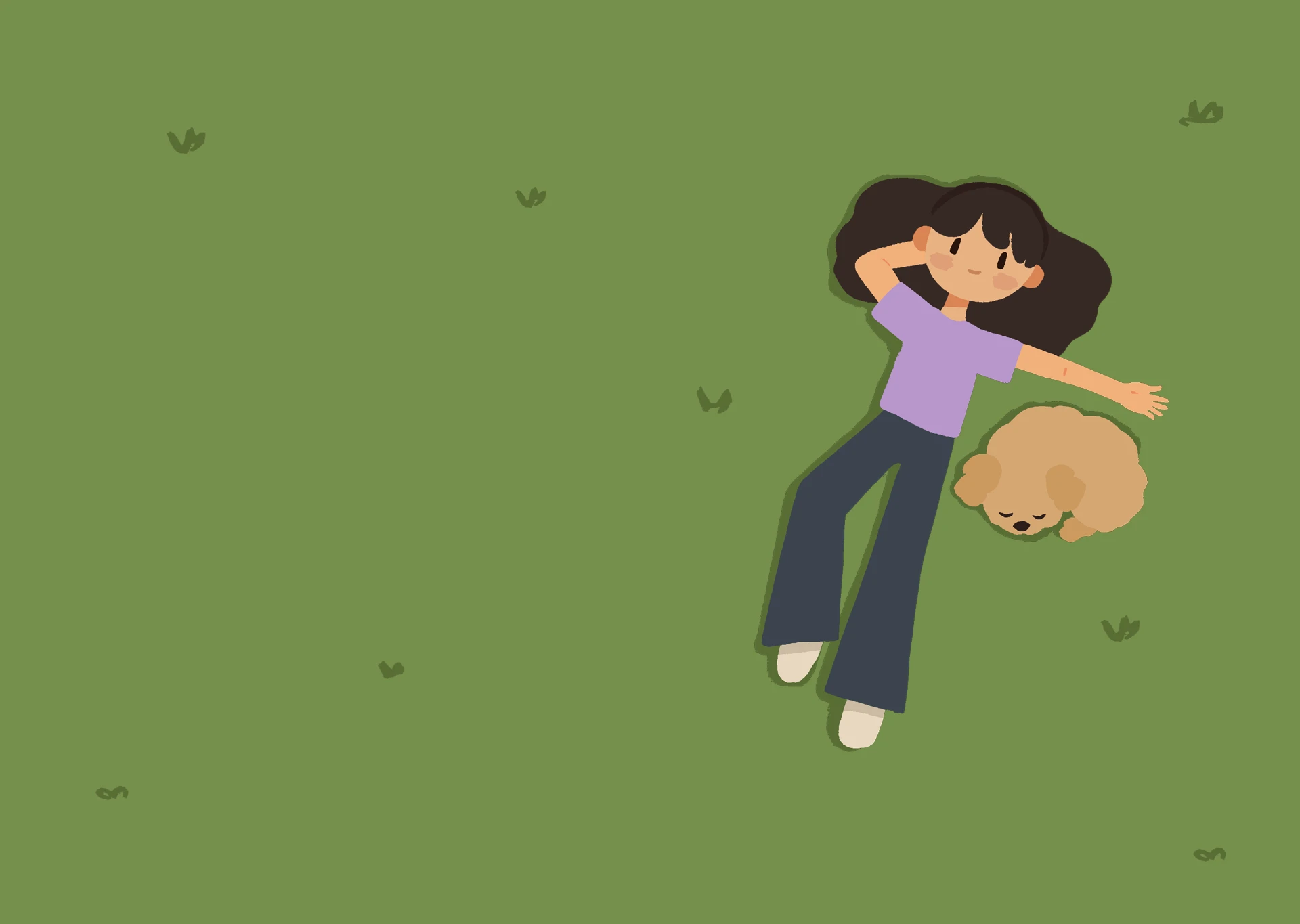 Illustration of Madeleine relaxing on grass with a dog
